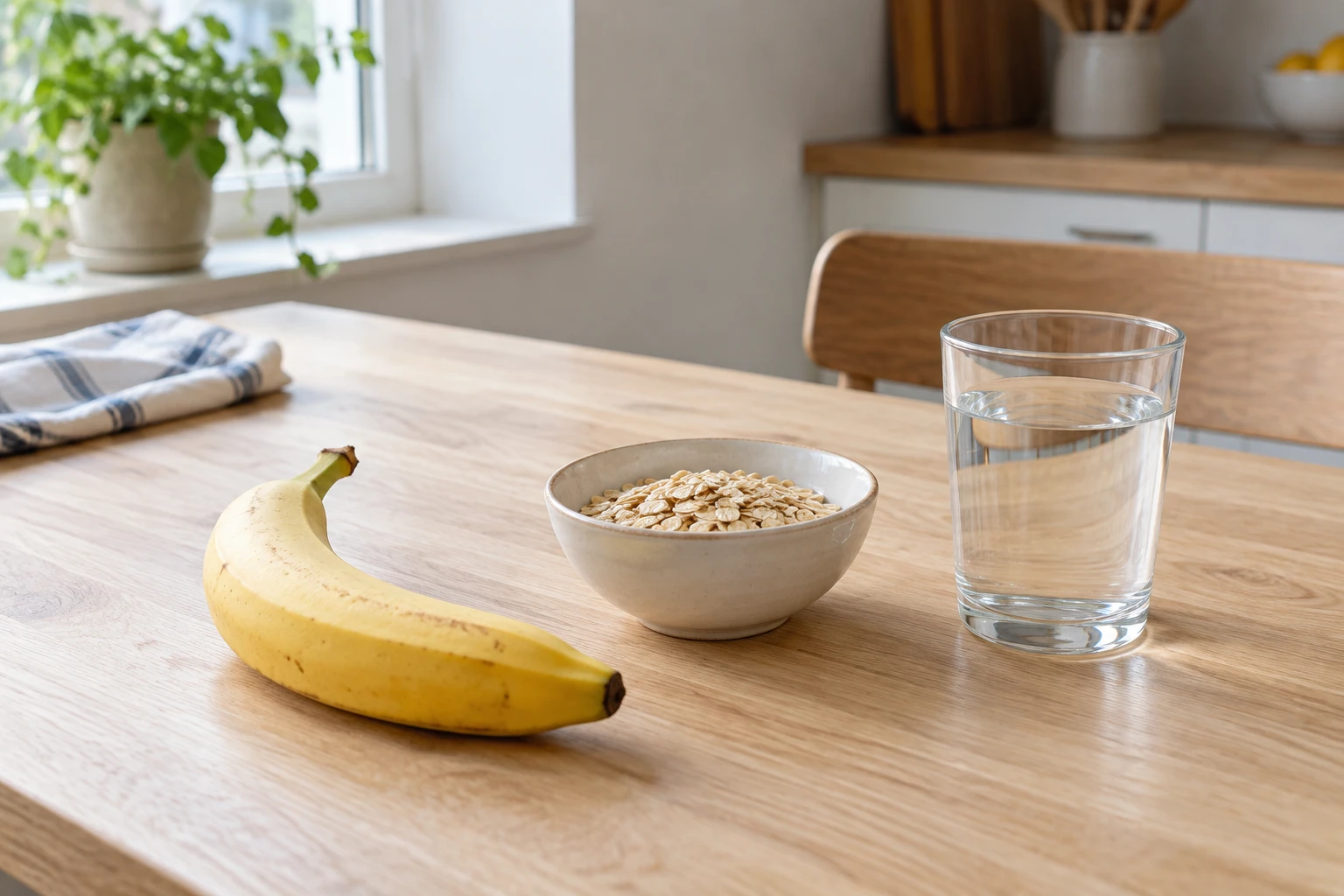 Banane entière, bol de flocons d'avoine et verre d'eau sur table en bois lumineux