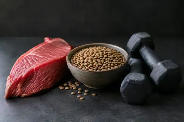 Steak cru rouge, bol de lentilles et deux petits haltères posés sur fond sombre