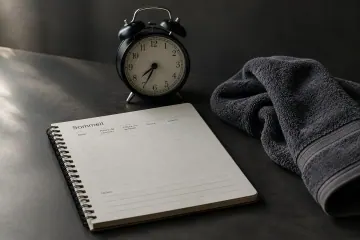 Carnet de sommeil ouvert, réveil analogique noir et serviette d’entraînement grise pliée
